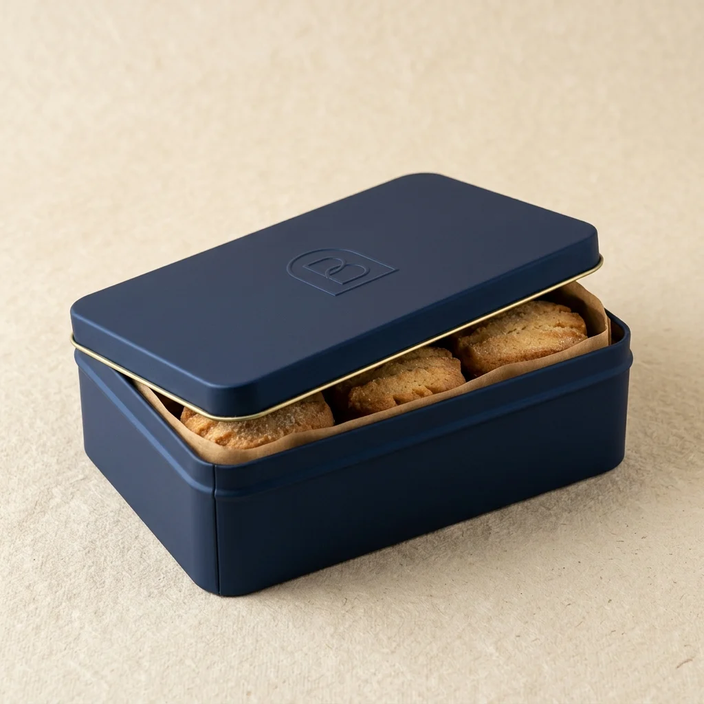 Boîte métal rectangulaire à charnière pour biscuits et chocolats