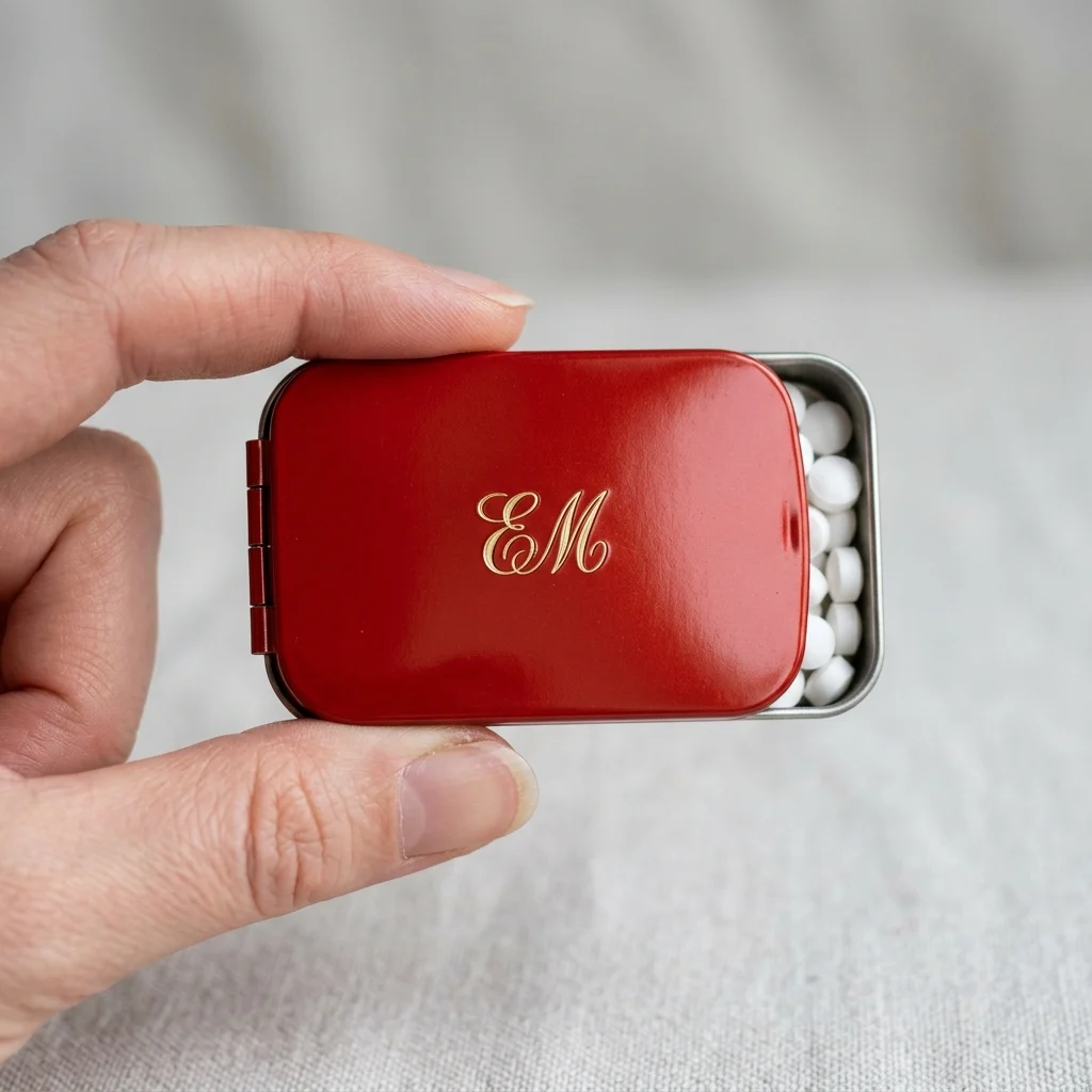 Pocket tin métal à charnière pour pastilles et cosmétique solide