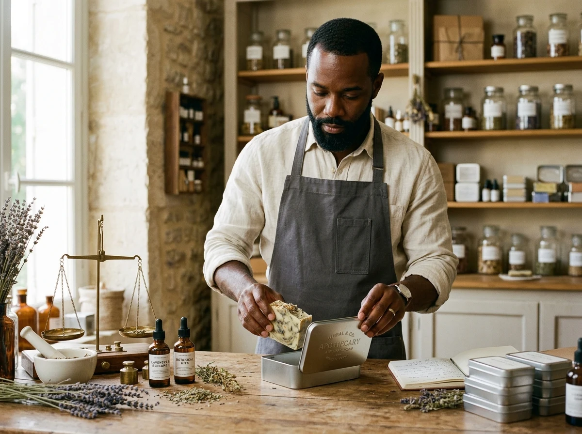 Savons artisanaux et boîtes métal de voyage sur table en bois
